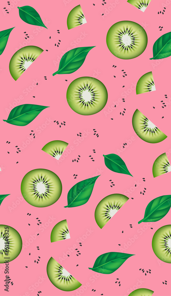 Fresh kiwi slices, leaves and seeds seamless pattern. Realistic vector illustration. Fresh kiwi slices, leaves and seeds seamless pattern. Realistic vector illustration.