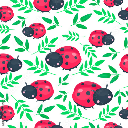 Red ladybug seamless pattern. Happy animal. Vector illustration, cartoon baby style. © Nesele