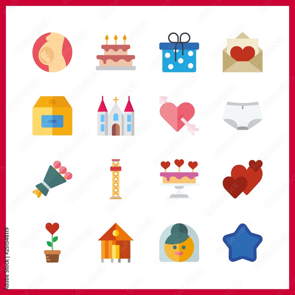 16 love icon. Vector illustration love set. plant and box icons for love works