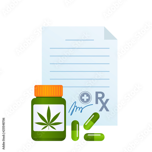 medical marijuana prescription drug cannabis pills and drug packaging. cannabis leaf. concept of legalization and treatment of marijuana. vector illustration of a isolate