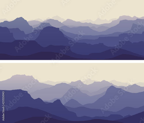 Horizontal illustration of twilight in rocky low mountains.
