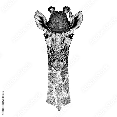 Giraffe wearing traditional bavarian tirol hat. Oktoberfest.