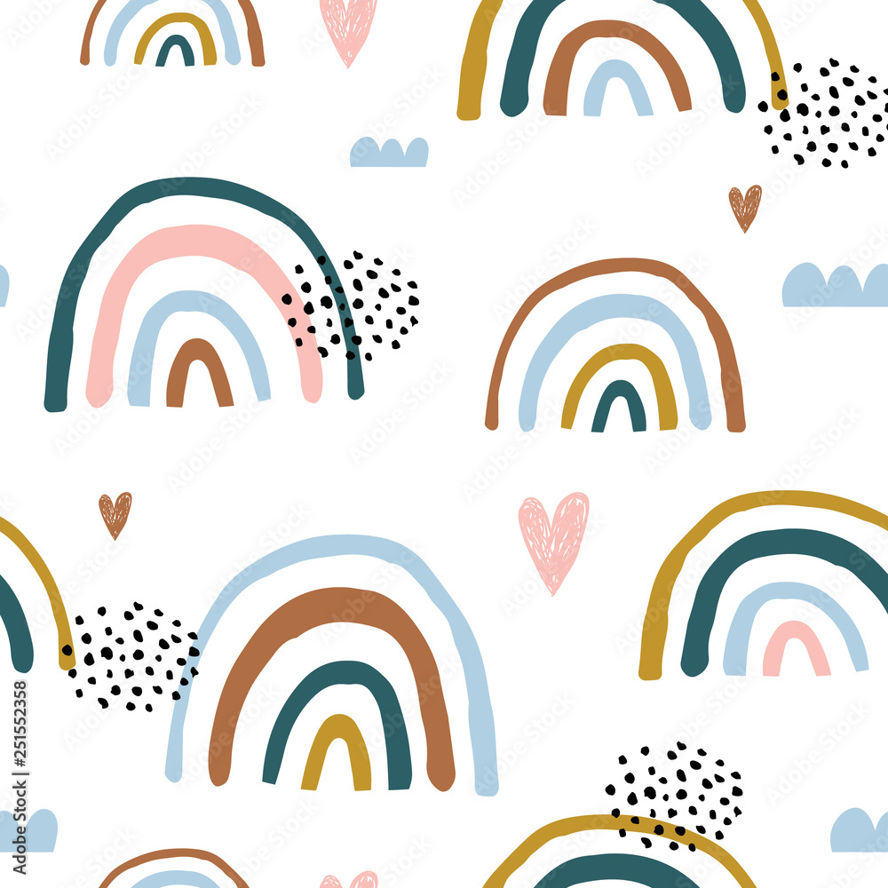Fototapeta Seamless childish pattern with hand drawn rainbows and hearts, .Creative scandinavian kids texture for fabric, wrapping, textile, wallpaper, apparel. Vector illustration
