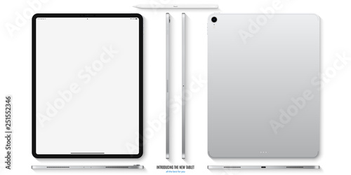 tablet mockup in silver color with blank screen front, back and side on white background. stock vector illustration eps10
