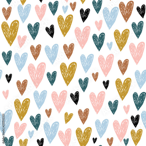 Seamless childish pattern with hand drawn hearts.Creative scandinavian kids texture for fabric, wrapping, textile, wallpaper, apparel. Vector illustration