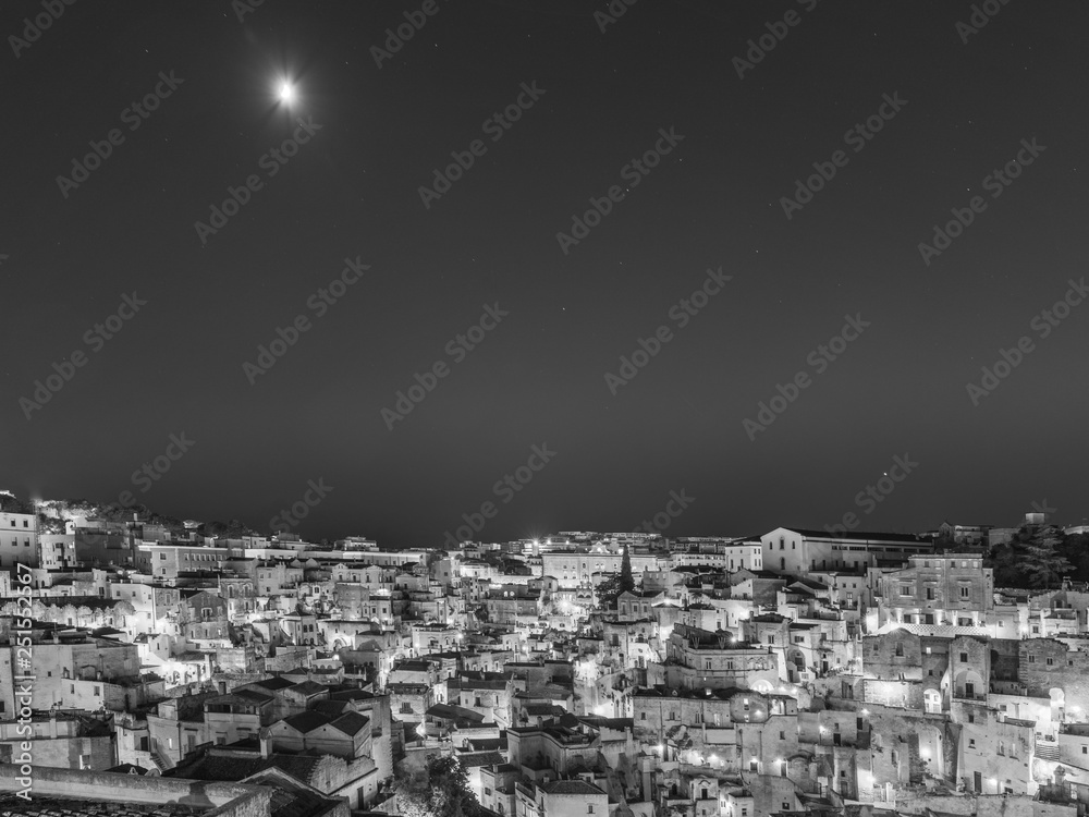 Sassi di Matera at night. European Capital of Culture. Black and White