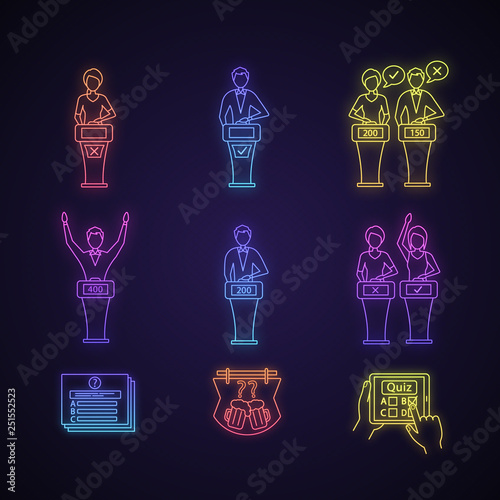 Quiz show neon light icons set