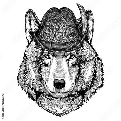 Wolf wearing traditional bavarian tirol hat. Oktoberfest.