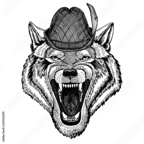 Wolf wearing traditional bavarian tirol hat. Oktoberfest.