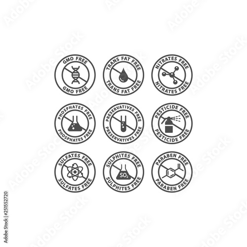 Gmo, preservatives, trans fat free vector badge label. Nitrates, sulfates, pesticides free glyph circle stamp set for packaging.