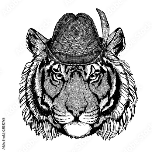 Tiger wearing traditional bavarian tirol hat. Oktoberfest.