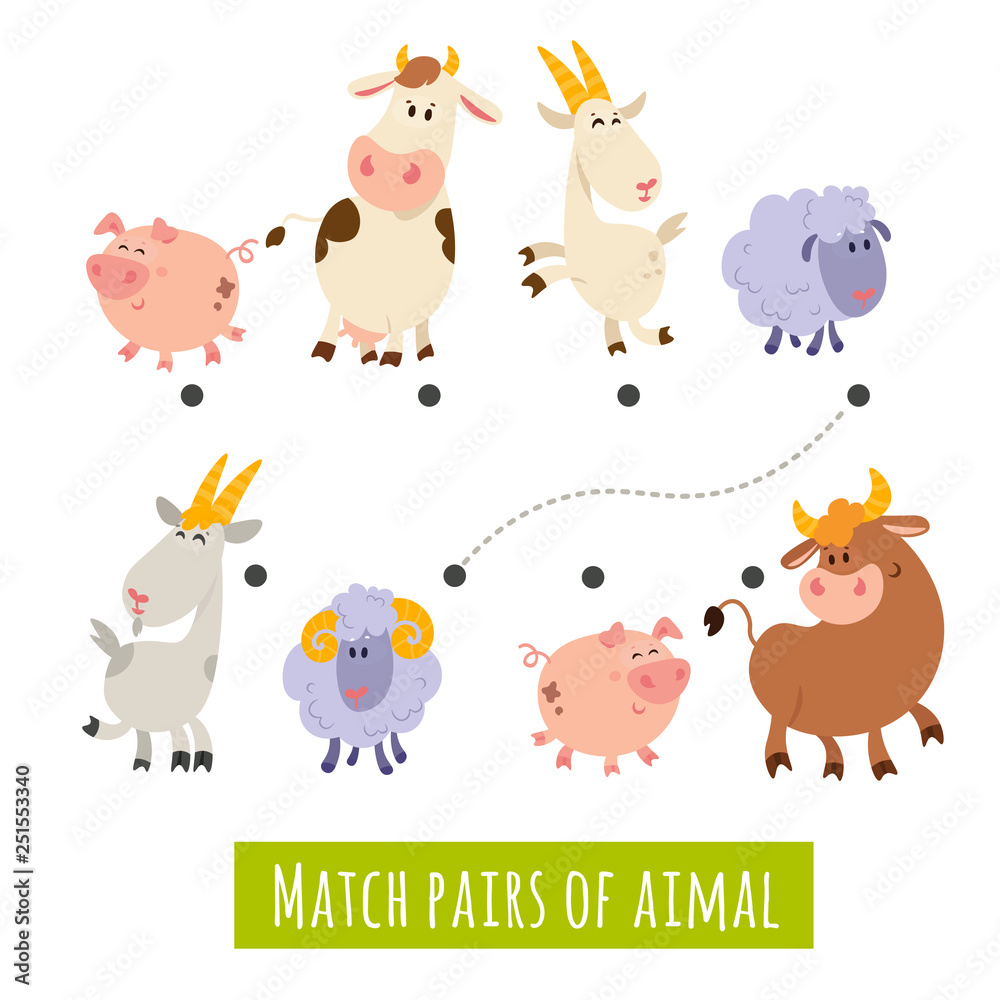 A large set of animals and birds with a farm in a cartoon style. Flat vector illustration isolated on white background. Cow, sheep, goat, chicken, hen, pig, horse, donkey