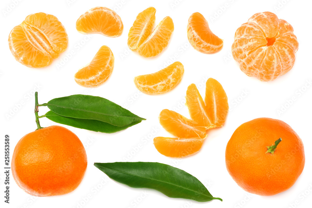 mandarin with slices and green leaf isolated on white background top view mandarin with slices and green leaf isolated on white background top view