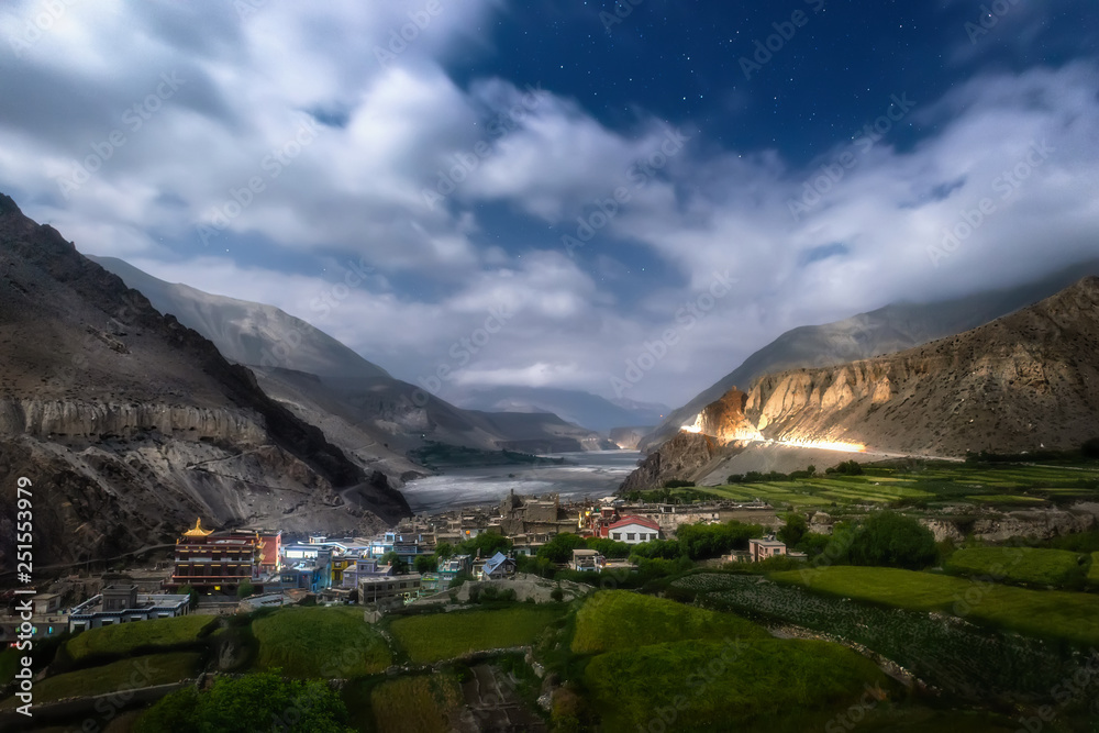 Village Kagbeni standing on the banks of the river Kali Gandaki in the evening in the Upper Mustang. Nepal