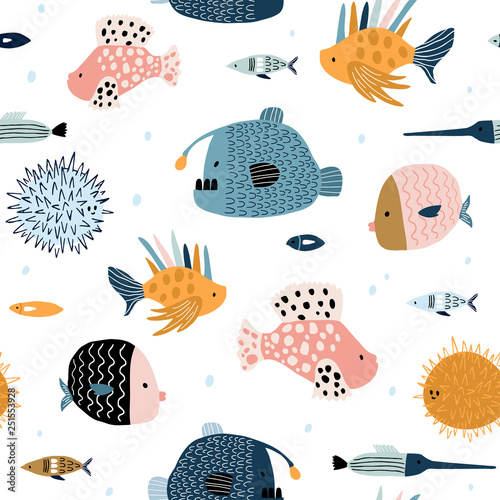 Seamless pattern with creative and colorful fishes . Creative undersea childish texture. Great for fabric, textile Vector Illustration