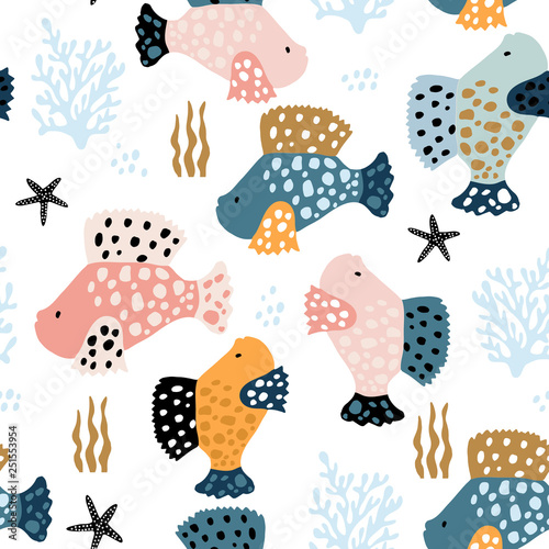 Seamless pattern with creative and colorful fishes . Creative undersea childish texture. Great for fabric, textile Vector Illustration