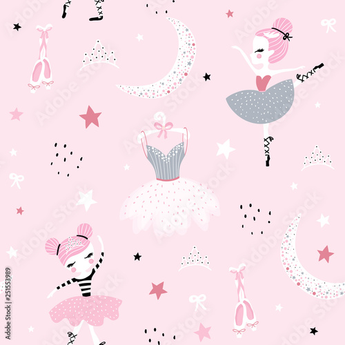 Childish seamless pattern with cute hand drawn ballerina dancing on the moon in scandinavian style. Creative vector childish background for fabric, textile © solodkayamari