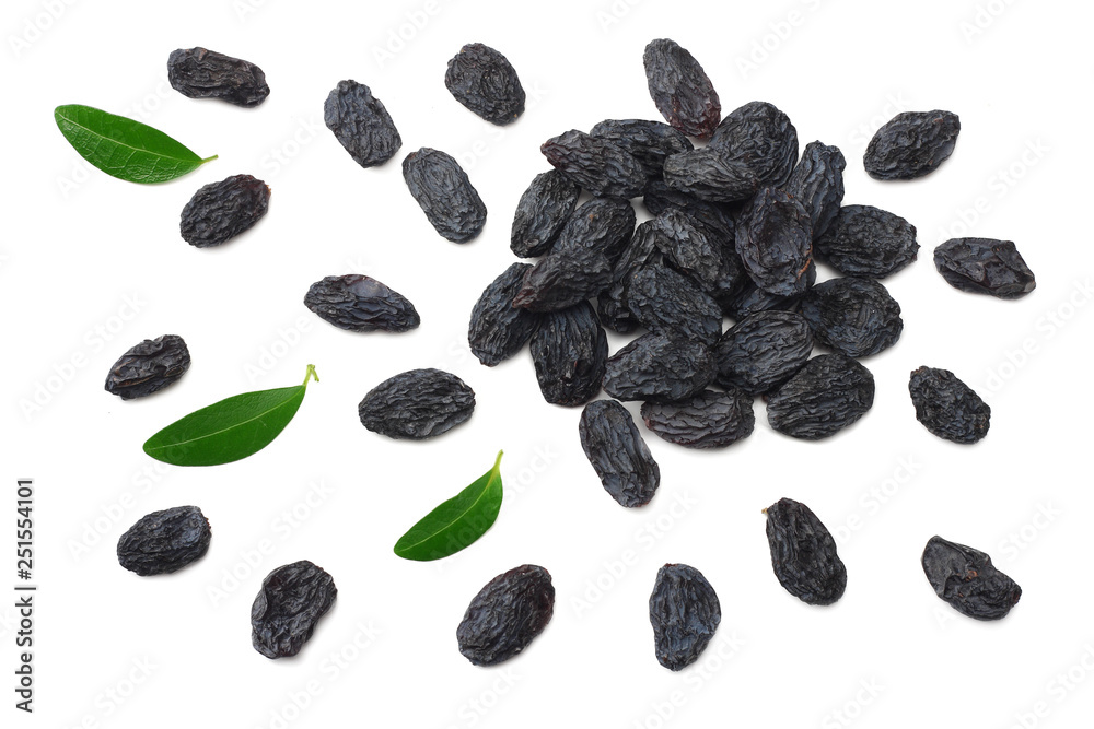 black raisins isolated on white background. top view black raisins isolated on white background. top view