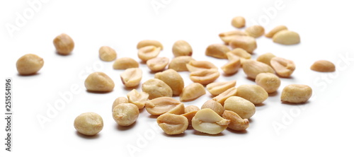 Salted and fried, roasted peanuts, pile isolated on white