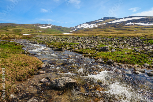 Summer landscape with mountain stream and hills. July in the Arctic. Warm sunny weather. Chukchi Peninsula, Chukotka, Far East of Russia.