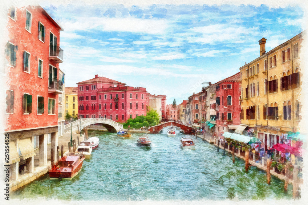 Picturesque view of Venetian canal with boats, digital imitation of watercolor painting