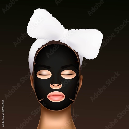 vector illustration of a realistic face of a young beautiful girl with a cosmetic bandage on her hair and moisturizing facial mask, black against the dots