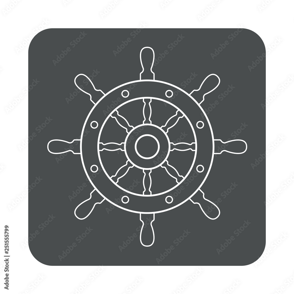 Icono plano lineal timón de barco en cuadrado color gris