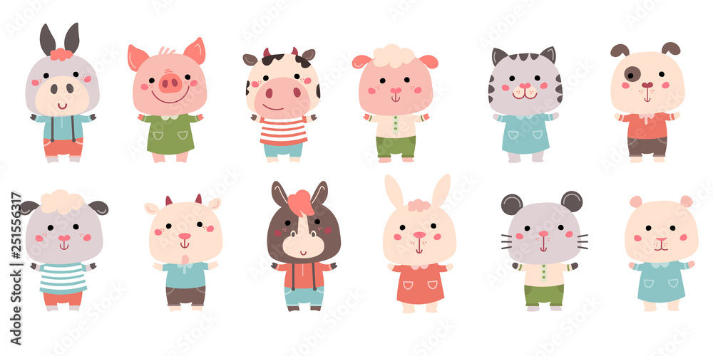 Vector Hand drawn characters: goat, pig, cow, sheep, cat, dog, mouse, rabbit, hamster, donkey. For cards, invitations, baby clothes, posters and prints Vector Hand drawn characters: goat, pig, cow, sheep, cat, dog, mouse, rabbit, hamster, donkey. For cards, invitations, baby clothes, posters and prints