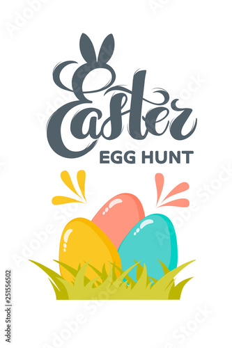 Vector flat Easter eggs with hand drawn text Easter egg hunt for greeting card, holiday poster, banner, invitation, Easter promo, spring event. Holiday Pascha, Resurrection Sunday, eggs hunting party