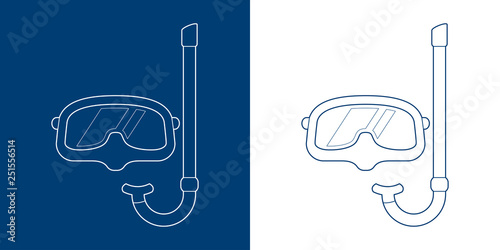 Icono plano lineal gafas de buceo y esnórquel en azul y blanco