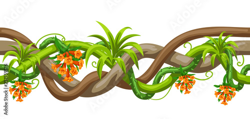 Twisted wild liana branch seamless pattern. Jungle vines plant.