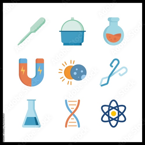 9 scientific icon. Vector illustration scientific set. crucible tongs and pipet icons for scientific works