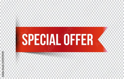 Red special offer banner with shadow on transparent background. Can be used with any background. Vector illustration.