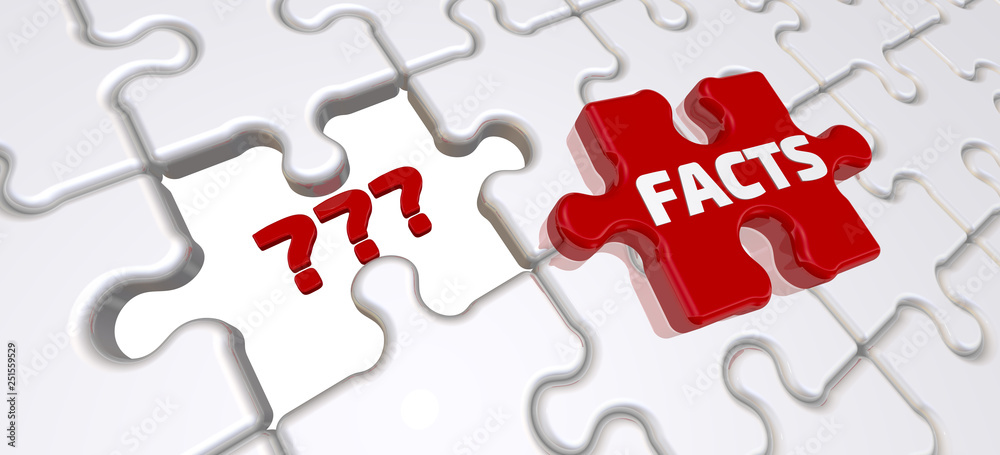 Facts as answers to questions. The folded white puzzles elements with empty place labeled with red question marks and one red puzzle with word FACTS. 3D Illustration Facts as answers to questions. The folded white puzzles elements with empty place labeled with red question marks and one red puzzle with word FACTS. 3D Illustration