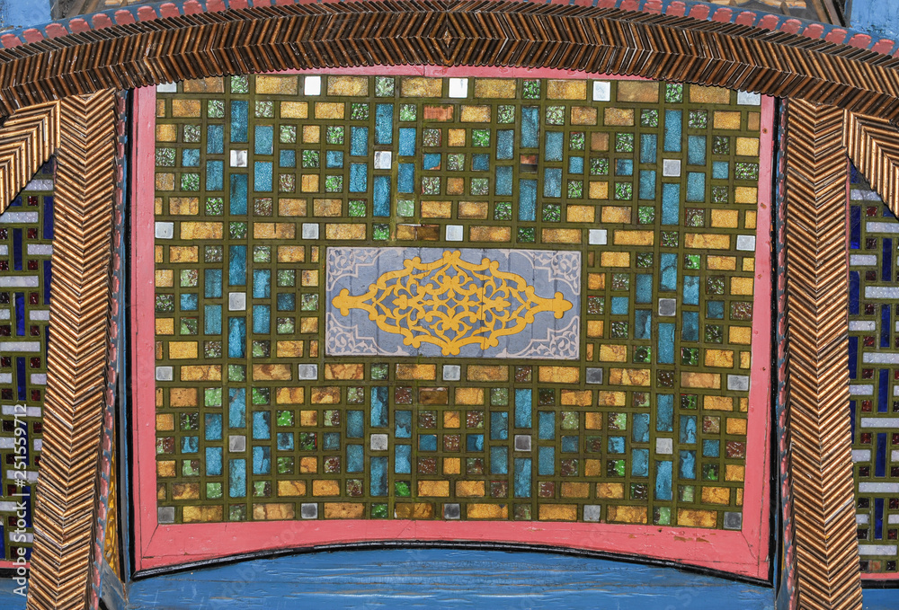 ancient Asian mosaic made of wood. elements of Oriental ornament ancient Asian mosaic made of wood. elements of Oriental ornament