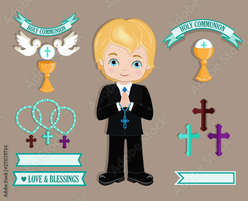 Set of design elements for First Communion for boys. Vector illustration for religious holidays.