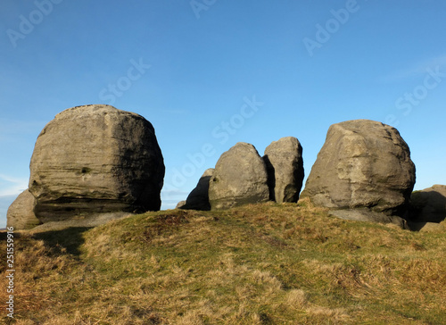 the bridestones a large group of gritstone rock formations in west yorkshire landscape near todmorden © Philip J Openshaw 