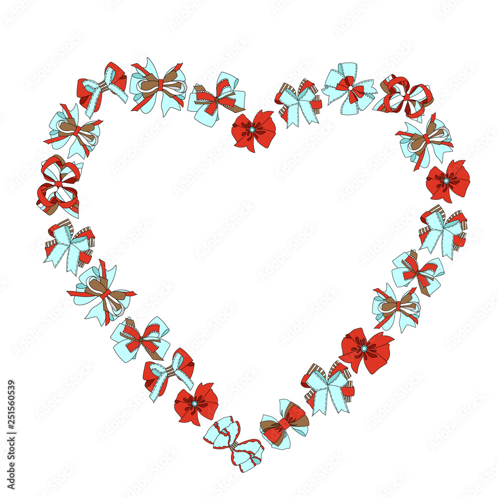 Frame in the shape of a heart from different bows and ribbons. Vector illustration.