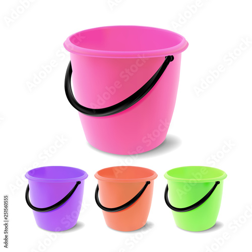 Plastic Bucket Vector. Bucketful Different Colors. Classic Jar With Handle, Empty. Garden, Household, Office Equipment. Reatil Object. Isolated Realistic Illustration photo