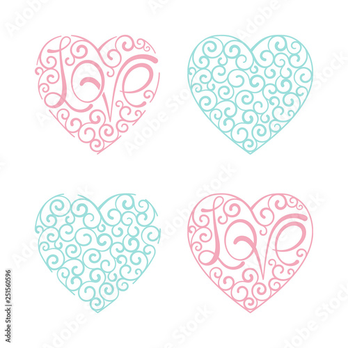 Heart set  curl  love lettering  design element. Vector illustration.