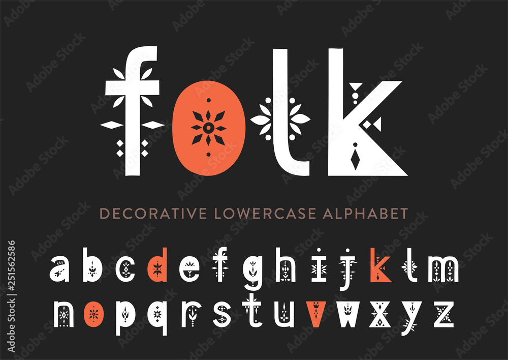 Vector display lowercase alphabet decorated with geometric folk patterns - obrazy, fototapety, plakaty 