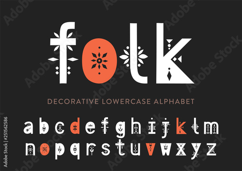 Leinwand Poster Vector display lowercase alphabet decorated with geometric folk patterns