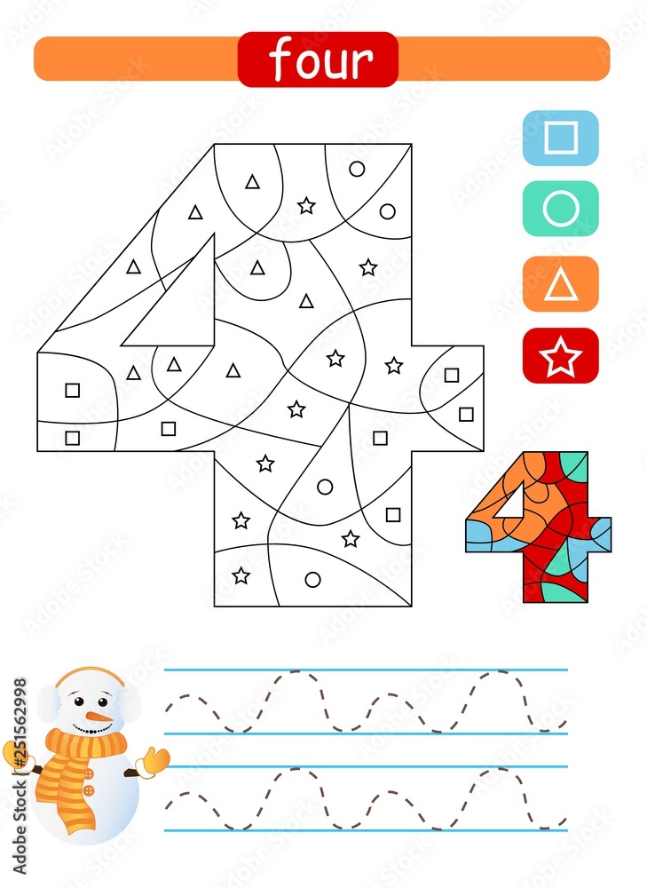 coloring printable worksheet for kindergarten and preschool learning numbers and simple shapes four stock vector adobe stock