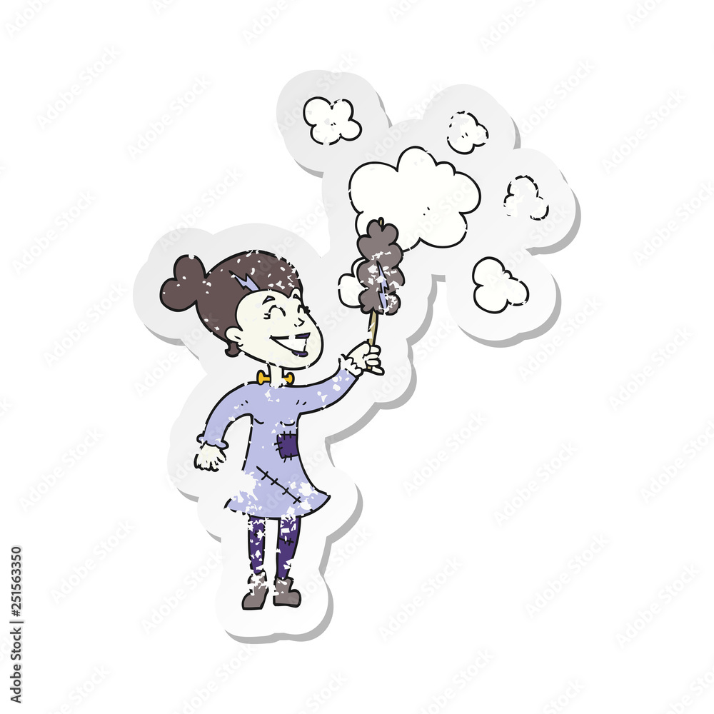 retro distressed sticker of a cartoon zombie woman dusting retro distressed sticker of a cartoon zombie woman dusting