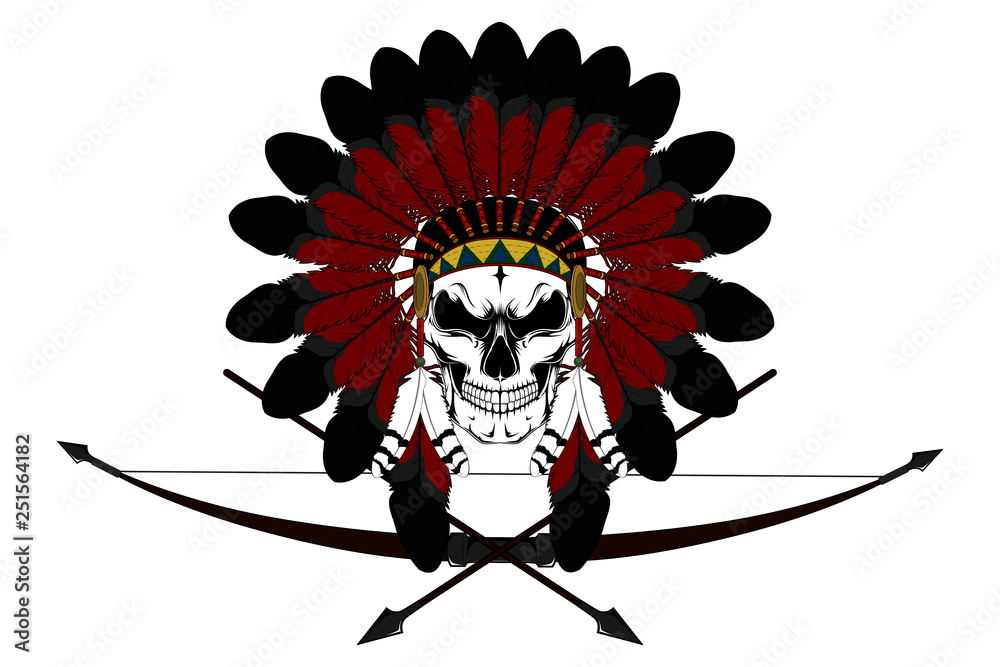Fototapeta premium Indian skull in a crown of feathers and a bow for shooting and arrows.