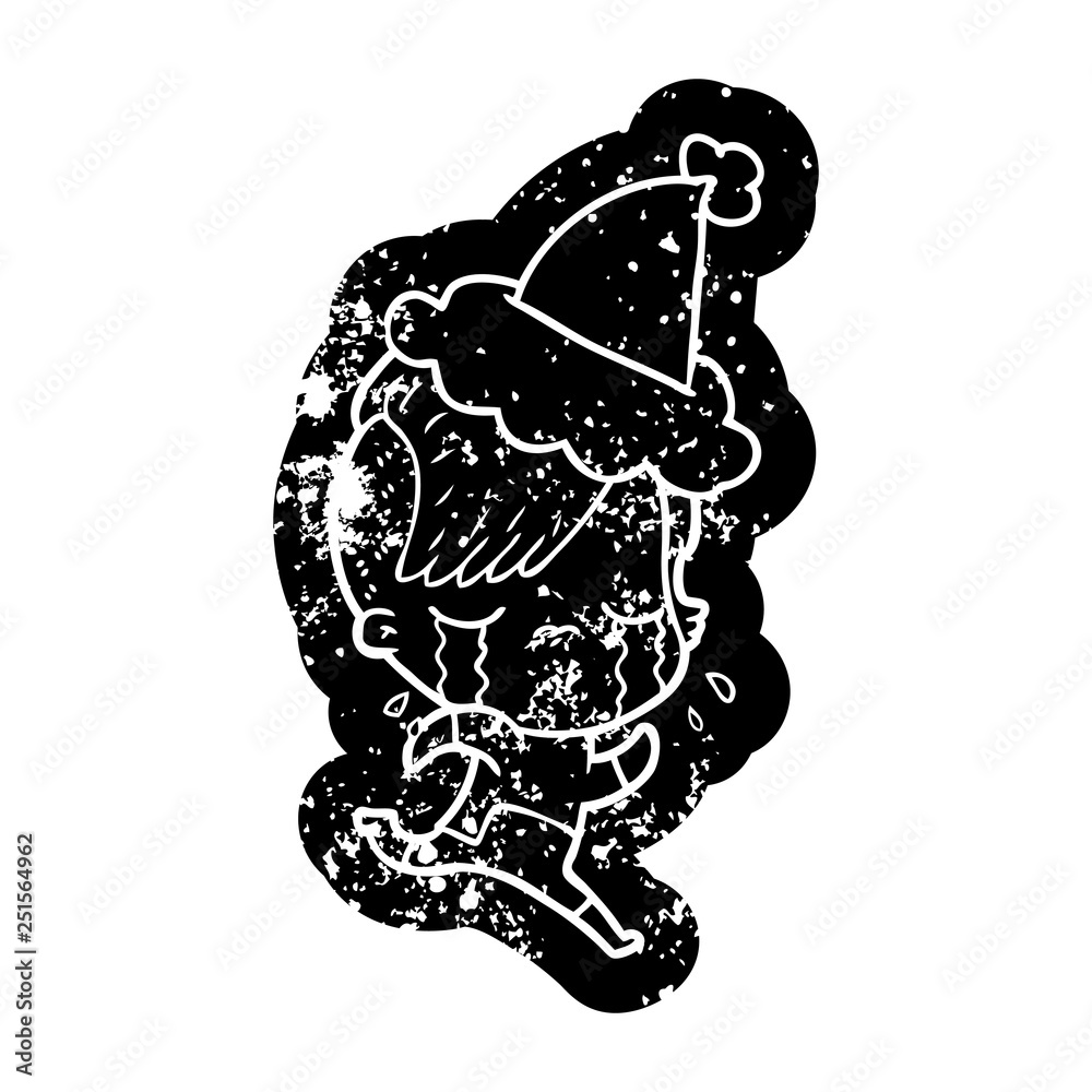 cartoon distressed icon of a crying girl wearing space clothes wearing santa hat cartoon distressed icon of a crying girl wearing space clothes wearing santa hat