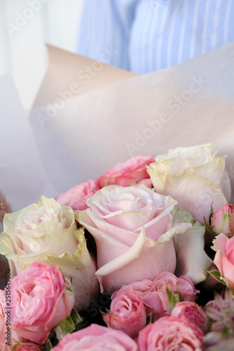 Bouquet of white and pink Roses. Close up. Copy space. Wedding  Mother s Day and Valentine s Day concept