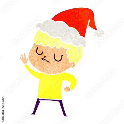 retro cartoon of a grumpy boy wearing santa hat