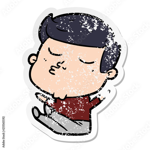 distressed sticker of a cartoon model guy pouting
