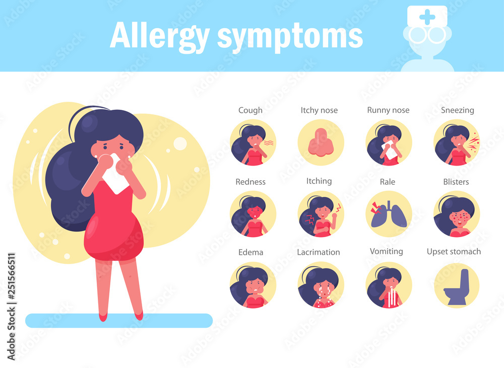Allergy symptoms Vector. Cartoon. Isolated art on white background. Stock Vector Adobe Stock